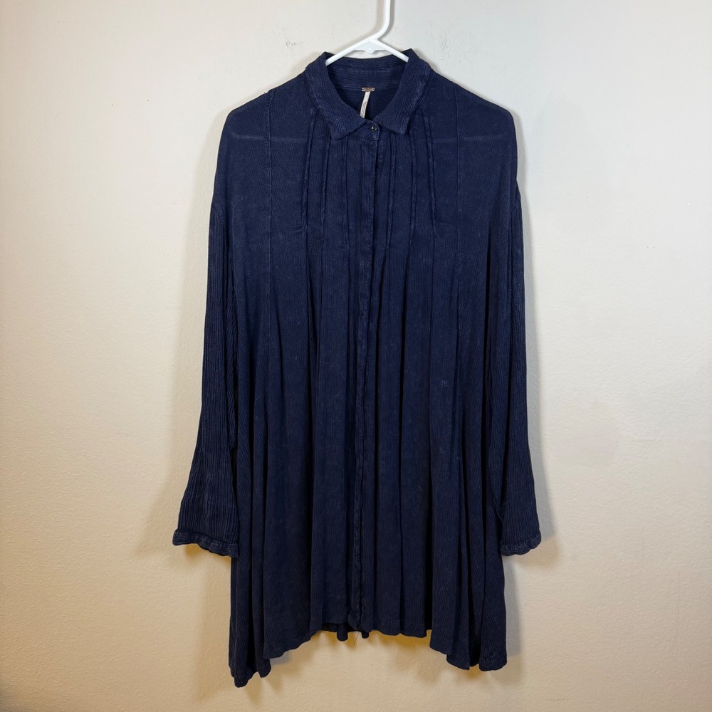 Free‎ People Navy Blue Crinkle Pintuck Oversized Tunic Shirt Dress Small